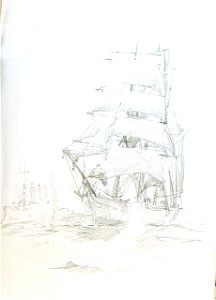 Sketch of three-funnelled warship firing shots across the bow of a barque under full sail RMG PV2910. Free illustration for personal and commercial use.