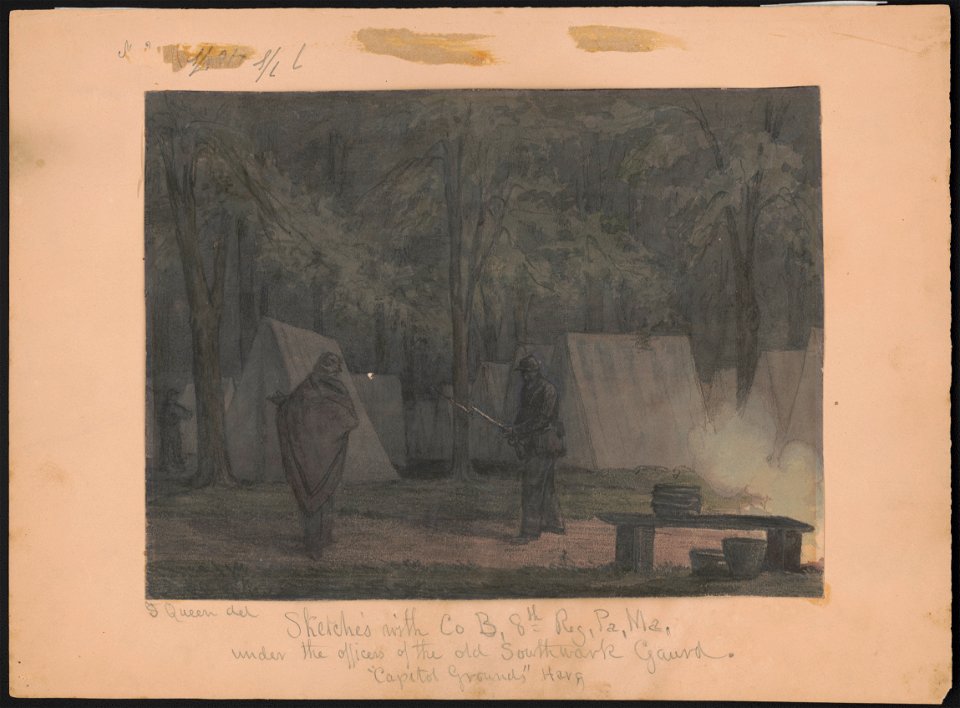 Sketches with Co. B, 8th Reg. Pa. Ma. under the officers of the old Southwark Gaurd. (sic) Capitol grounds Harg. (i.e., Harrisburg) - J. Queen del. LCCN2016648741