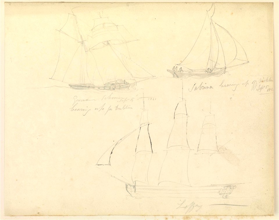 Sketches of three yachts, including the 'Sabrina' and 'Liffey' RMG PZ0916