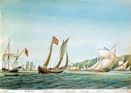 Sketch of various sorts of vessels in the Adriatic, including a zebeck -xebec-, trabacolo -trabaccolo-, a French courier and a gunboat settee PW0048