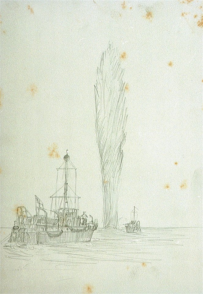 Sketch of two Elco motor launches and an exploding mine RMG PV3595
