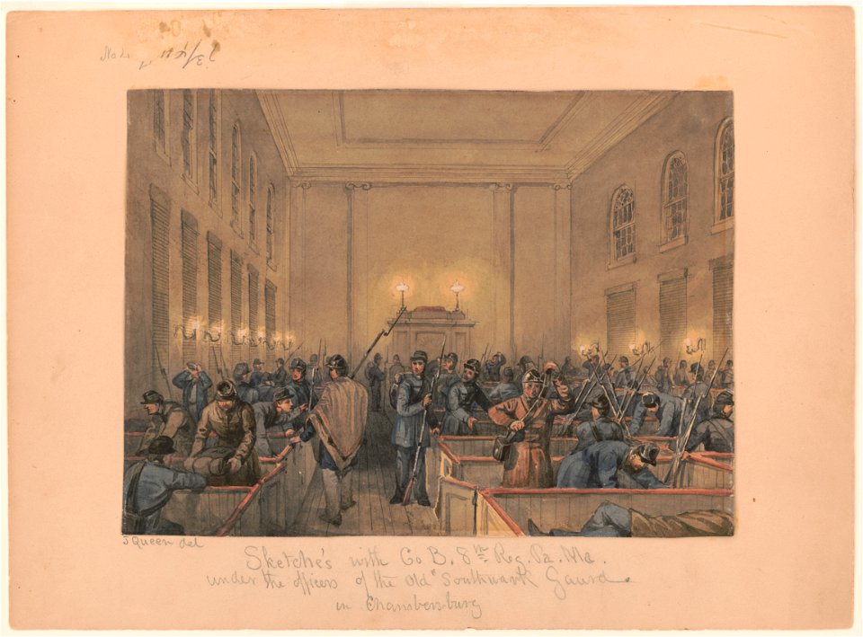 Sketches with Co B. 8th Reg. Pa. Ma. under the officers of the Old Southwark Gaurd (sic) in Chambersburg - J. Queen del. LCCN98519866