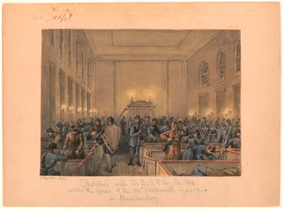 Sketches with Co B. 8th Reg. Pa. Ma. under the officers of the Old Southwark Gaurd (sic) in Chambersburg - J. Queen del. LCCN98519866