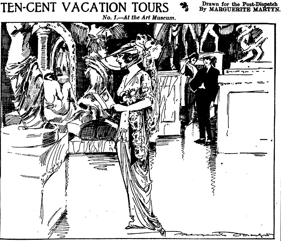 Sketch by Marguerite Martyn of interior of St. Louis Art Museum in 1913 with woman visitor