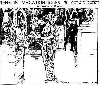 Sketch by Marguerite Martyn of interior of St. Louis Art Museum in 1913 with woman visitor