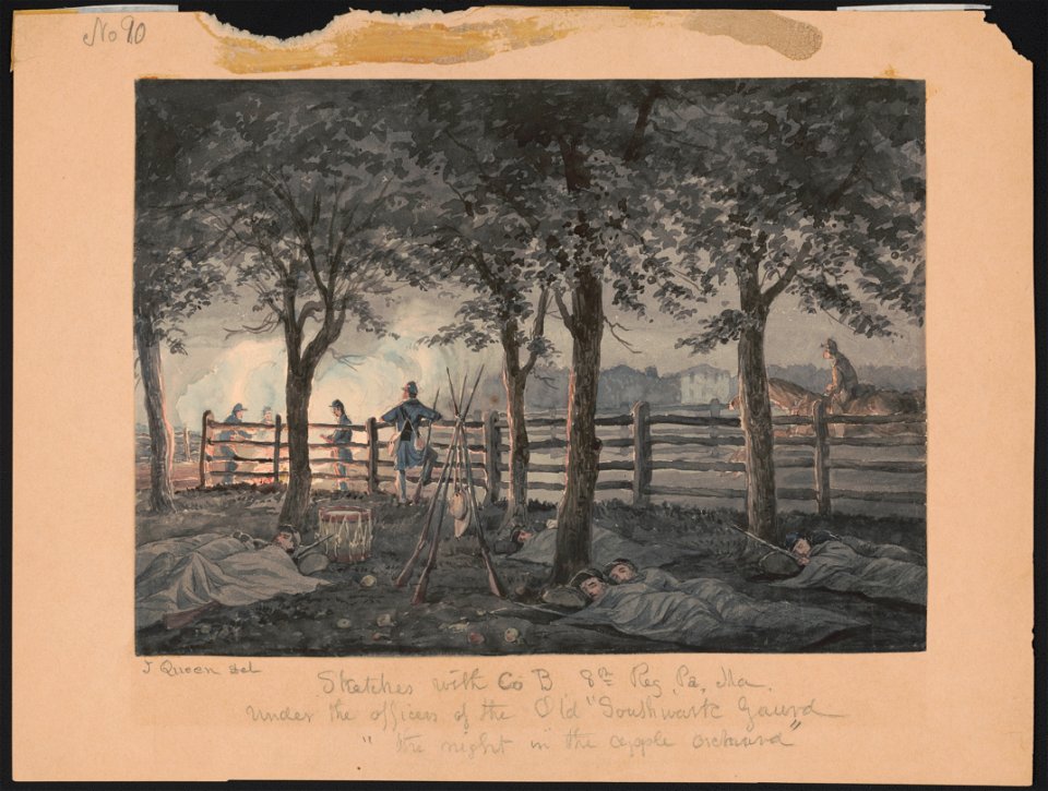 Sketches with Co. B, 8th Reg. Pa. Ma. under the officers of the old Southwark Gaurd (sic) the night in the apple orchard - J. Queen del. LCCN2016648745