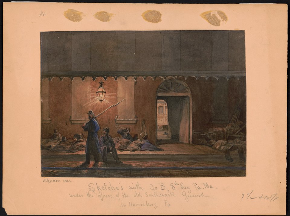 Sketches with Co. B, 8th Reg. Pa. Ma. under the officers of the old Southwark Gaurd (sic) in Harrisburg, Pa. - J. Queen del. LCCN2016648740