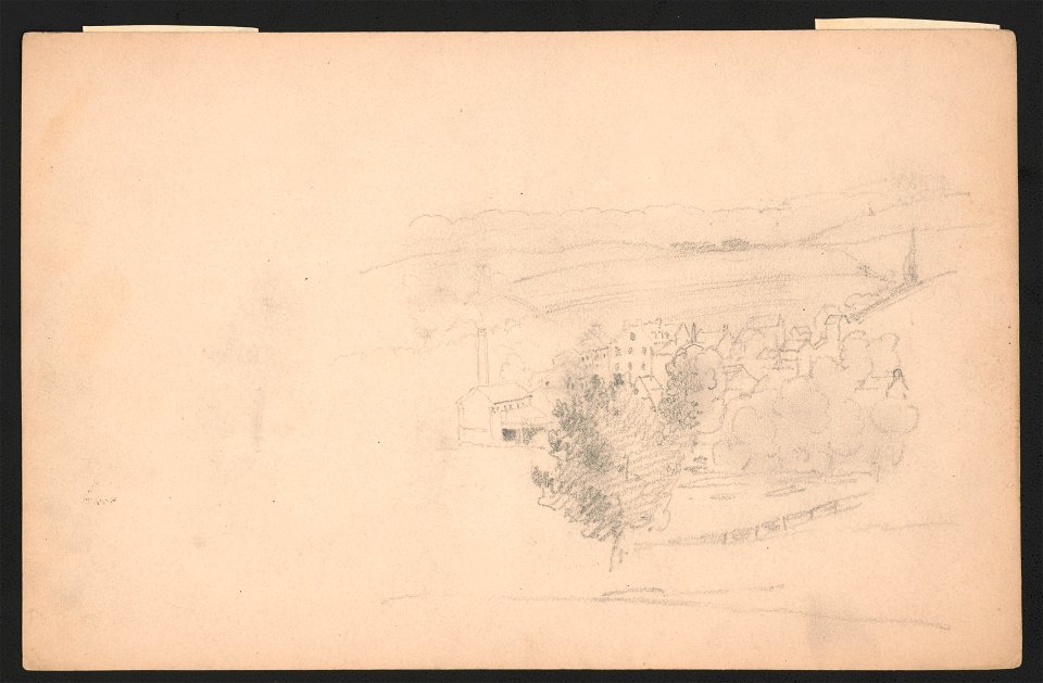 Sketch of a village from an elevated vantage point, factory or mill with smokestack on the left, meadows in the background LCCN2016645588