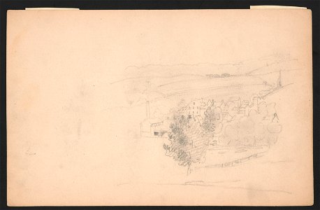 Sketch of a village from an elevated vantage point, factory or mill with smokestack on the left, meadows in the background LCCN2016645588