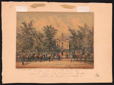 Sketches with Co. B, 8th Reg. Pa. Ma. under the officers of the Southwark Gaurd (sic) breakfasting the regulars, Chambersburg, Pa. - Jas. Queen del. LCCN2016649118