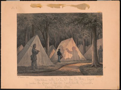 Sketches with Co. B, 8th Reg. Pa. Ma. taps under the officers of the old Southwark Gaurd. (sic) Camp Little Mac - J. Queen del. LCCN2016648742