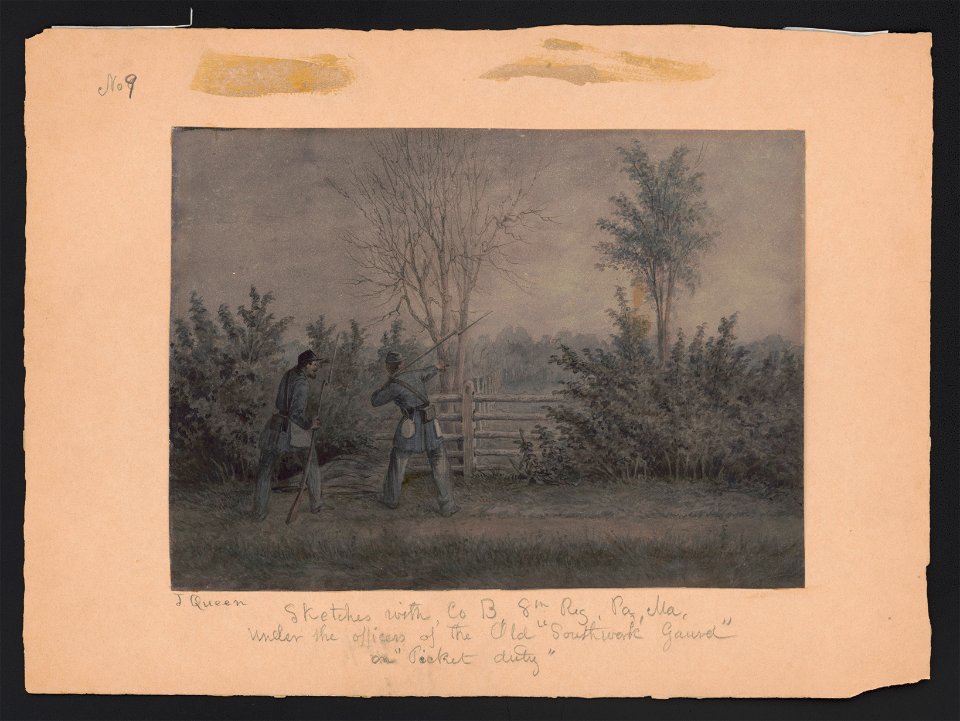 Sketches with Co. B, 8th Reg. Pa. Ma. under the officers of the old Southwark Gaurd (sic) on picket duty - J. Queen. LCCN2016649119