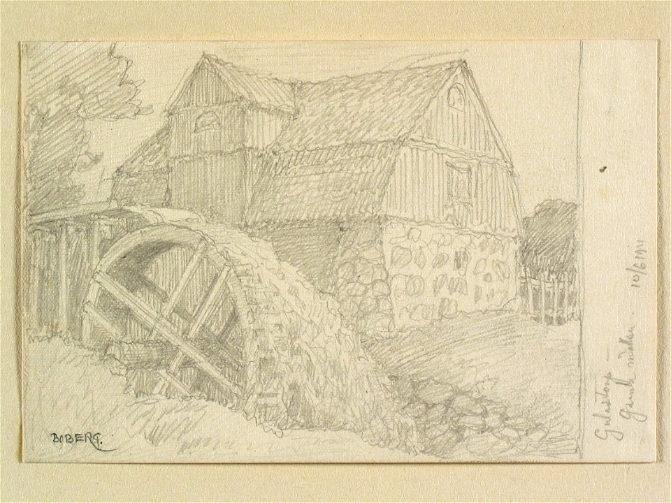 Skåne, Västra Göinge hd., Ignaberga sn., Gulastorp. Gamla möllan. Teckning av Ferdinand Boberg - Nordiska museet - NMA.0088371