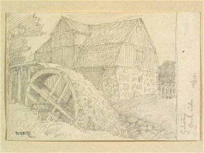 Skåne, Västra Göinge hd., Ignaberga sn., Gulastorp. Gamla möllan. Teckning av Ferdinand Boberg - Nordiska museet - NMA.0088371