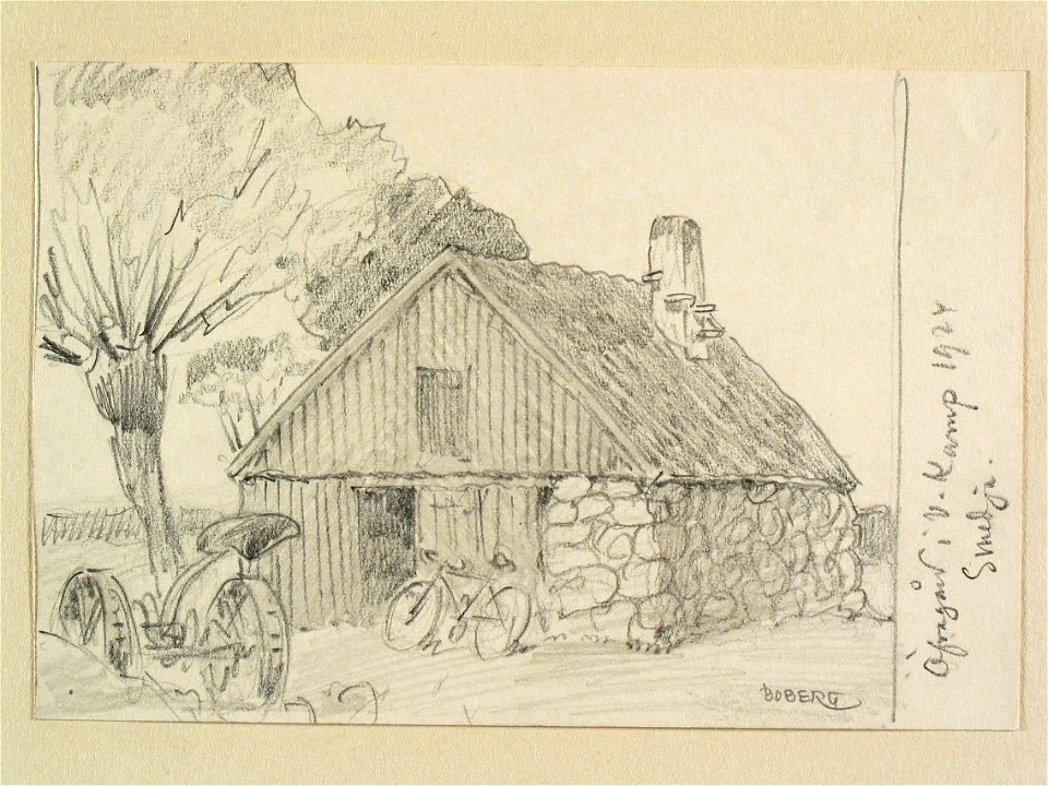 Skåne, Bjäre hd., Västra Karups sn., Övragård. Smedja. Teckning av Ferdinand Boberg - Nordiska museet - NMA.0088400