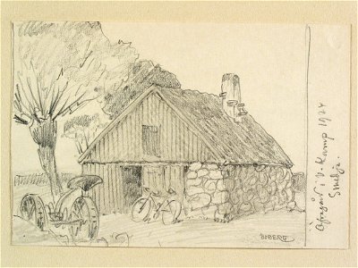 Skåne, Bjäre hd., Västra Karups sn., Övragård. Smedja. Teckning av Ferdinand Boberg - Nordiska museet - NMA.0088400
