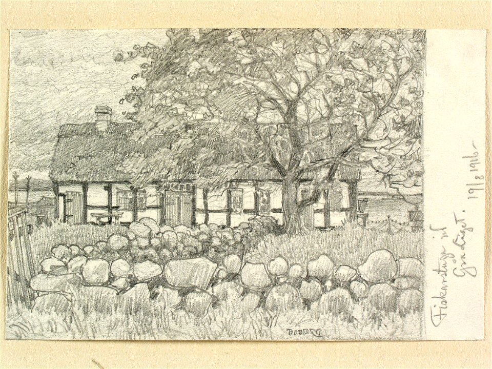 Skåne, Luggude hd., Allerums sn., Gråläge. Korsvirkeshus. Teckning av Ferdinand Boberg - Nordiska museet - NMA.0088348