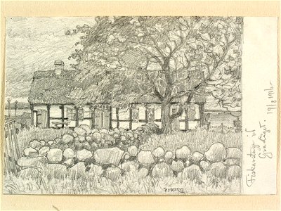 Skåne, Luggude hd., Allerums sn., Gråläge. Korsvirkeshus. Teckning av Ferdinand Boberg - Nordiska museet - NMA.0088348