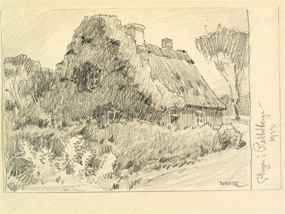 Skåne, Bjäre hd. Stuga i Rebbelberga. Teckning av Ferdinand Boberg - Nordiska museet - NMA.0088384