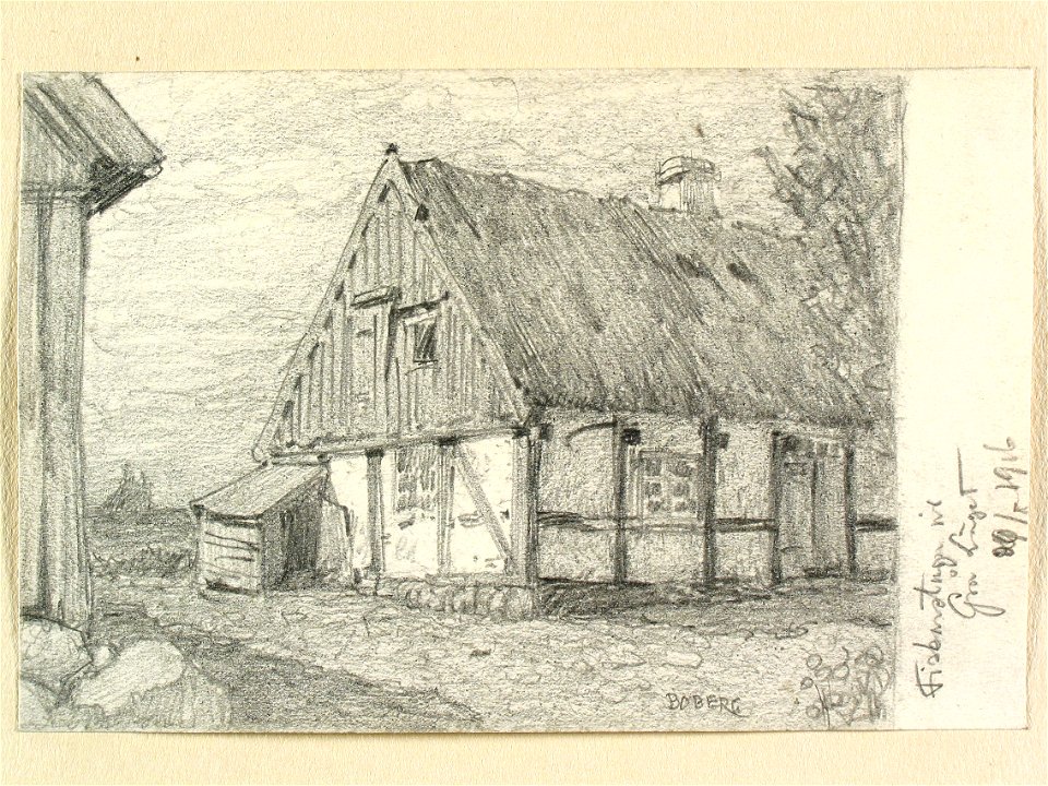 Skåne, Luggude hd., Allerums sn. Fiskarstuga vid Gråläge. Teckning av Ferdinand Boberg - Nordiska museet - NMA.0088350