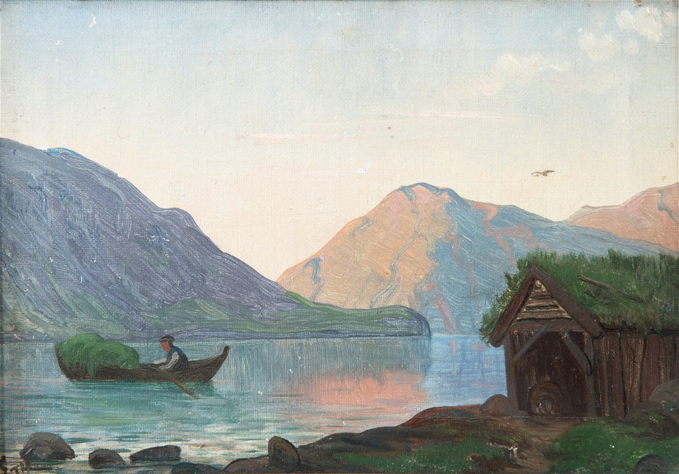 Christian Skredsvig - Fjordlandskap med mann i båt - Stavanger kunstmuseum - RKS.1945