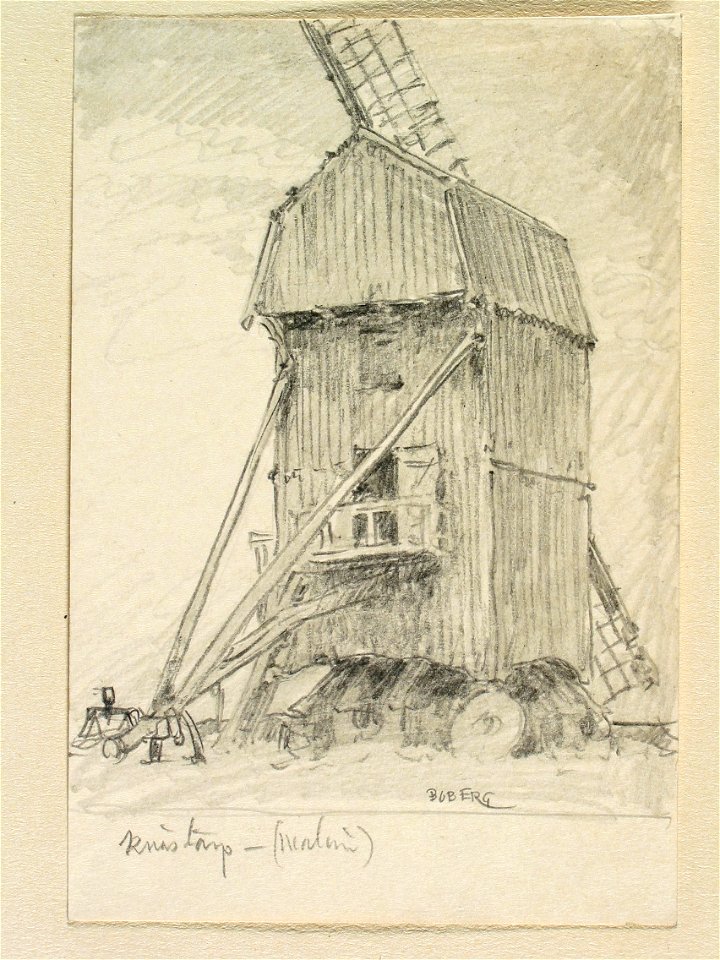 Skåne, Bara och Torna hd., Knästorp. Väderkvarn. Teckning av Ferdinand Boberg - Nordiska museet - NMA.0088374