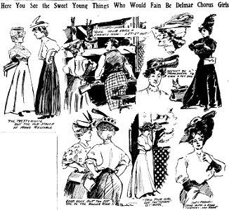 Sketches of women at audition for the chorus at Delmar Garden theater in St. Louis, 1906. Free illustration for personal and commercial use.