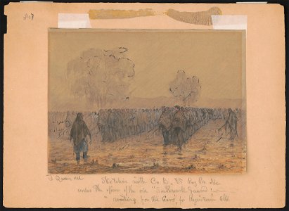 Sketches with Co. B, 8th Reg. Pa. Ma. under the officers of the old Southwark Gaurd. (sic) waiting for the cars, for Hagerstown, Md. - J. Queen del. LCCN2016648743