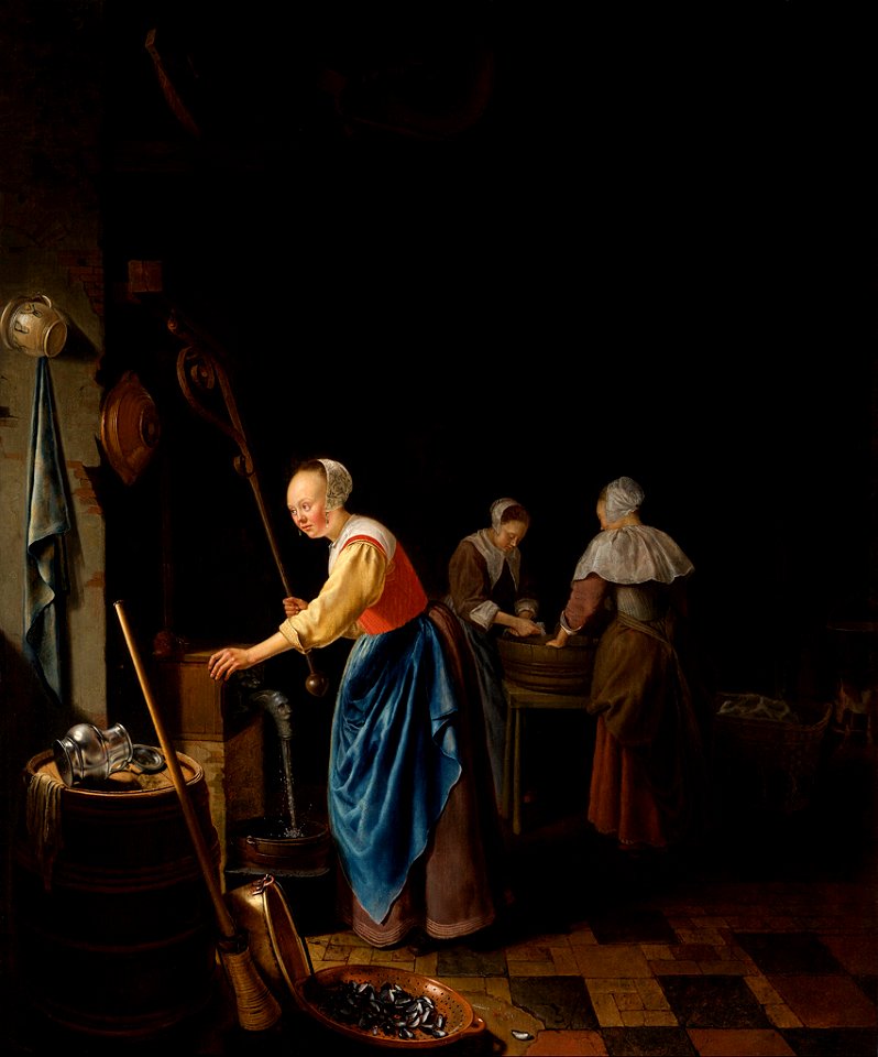 The Interior of a Kitchen by Pieter Cornelisz. van Slingelandt, c 1659