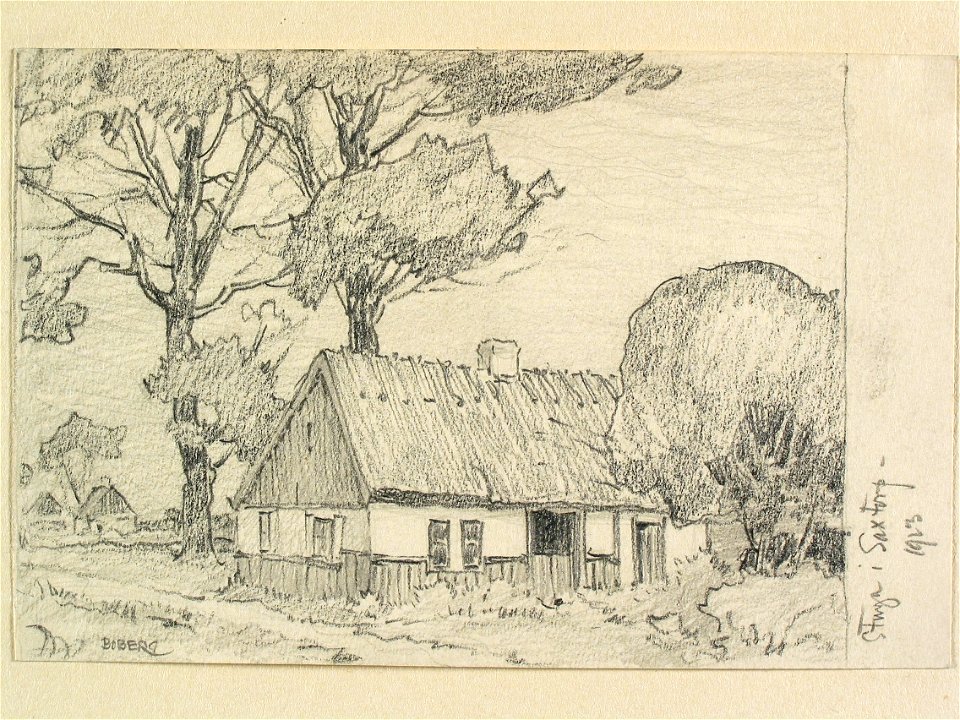 Skåne, Harjagers och Rönnebergs härader. Stuga i Saxtorp. Teckning av Ferdinand Boberg - Nordiska museet - NMA.0088391