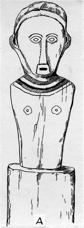 Skulptur på räcke till bytemplets ingångar. Lokal, Toro, Central-Celebes. Mellan-Celebes, Paloe - SMVK - 012037