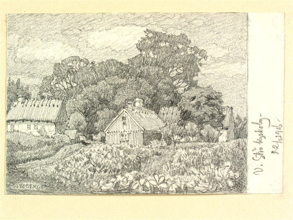 Skåne, Onsjö hd., Västra Strö sn., Västra Strö kyrkoby. Teckning av Ferdinand Boberg - Nordiska museet - NMA.0088401