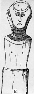 Skulptur på räcke till bytemplets ingångar. Lokal, Toro, Central-Celebes. Mellan-Celebes, Paloe - SMVK - 012037b