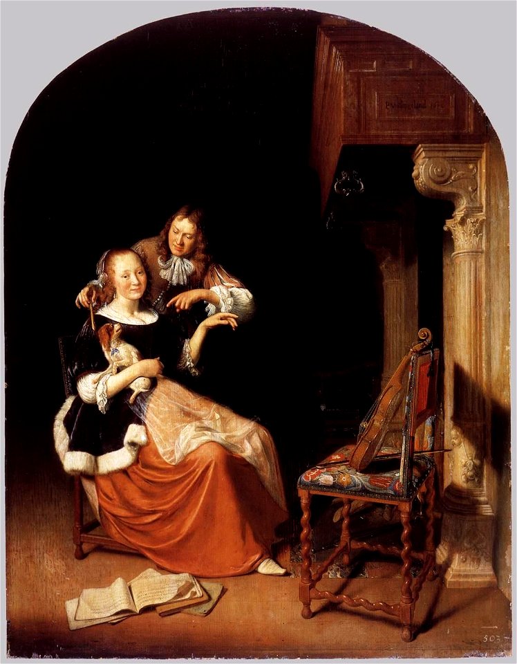 Slingelandt, Pieter Cornelisz Van - Lady with a Pet Dog - 1672