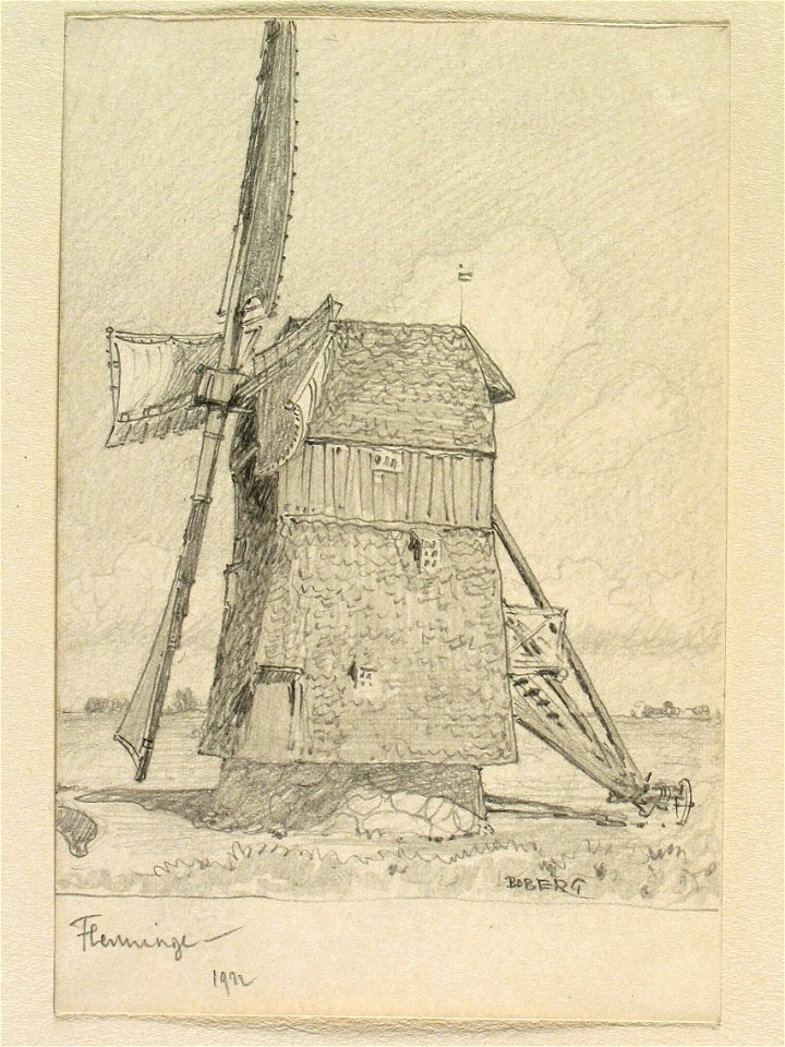 Skåne, Luggude hd., Flenninge sn., Flenninge. Väderkvarn. Teckning av Ferdinand Boberg - Nordiska museet - NMA.0088365