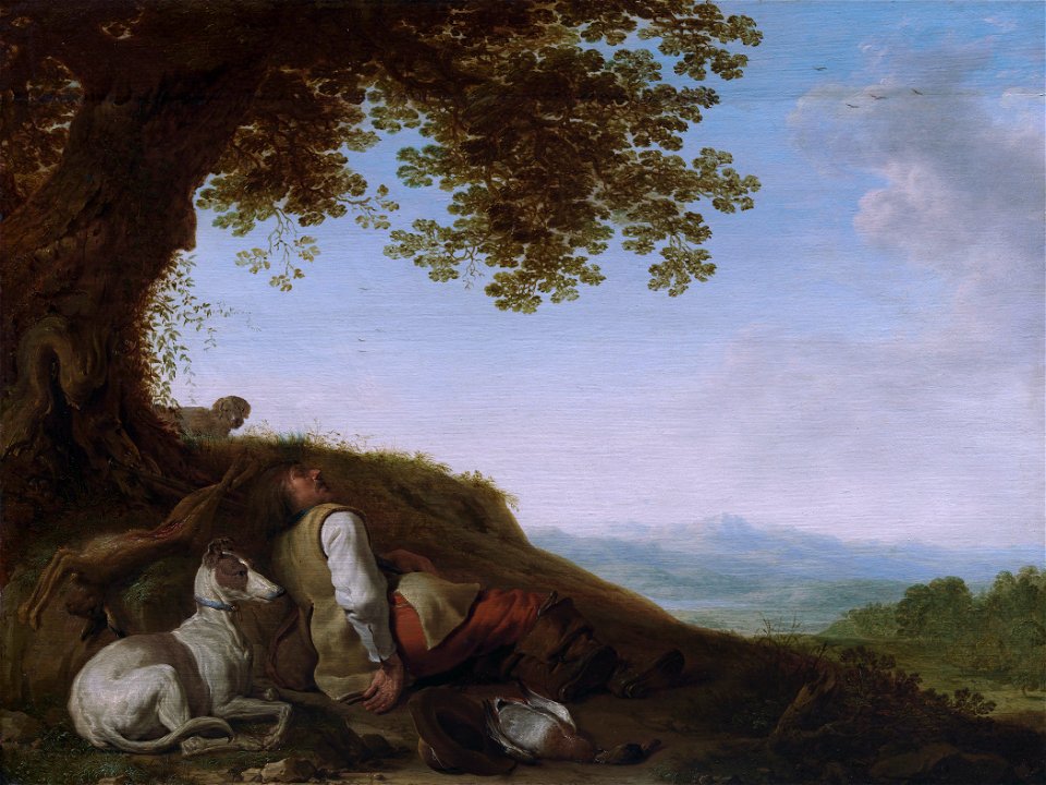 Sleeping Hunter in a Landscape, by Cornelis and Herman Saftleven