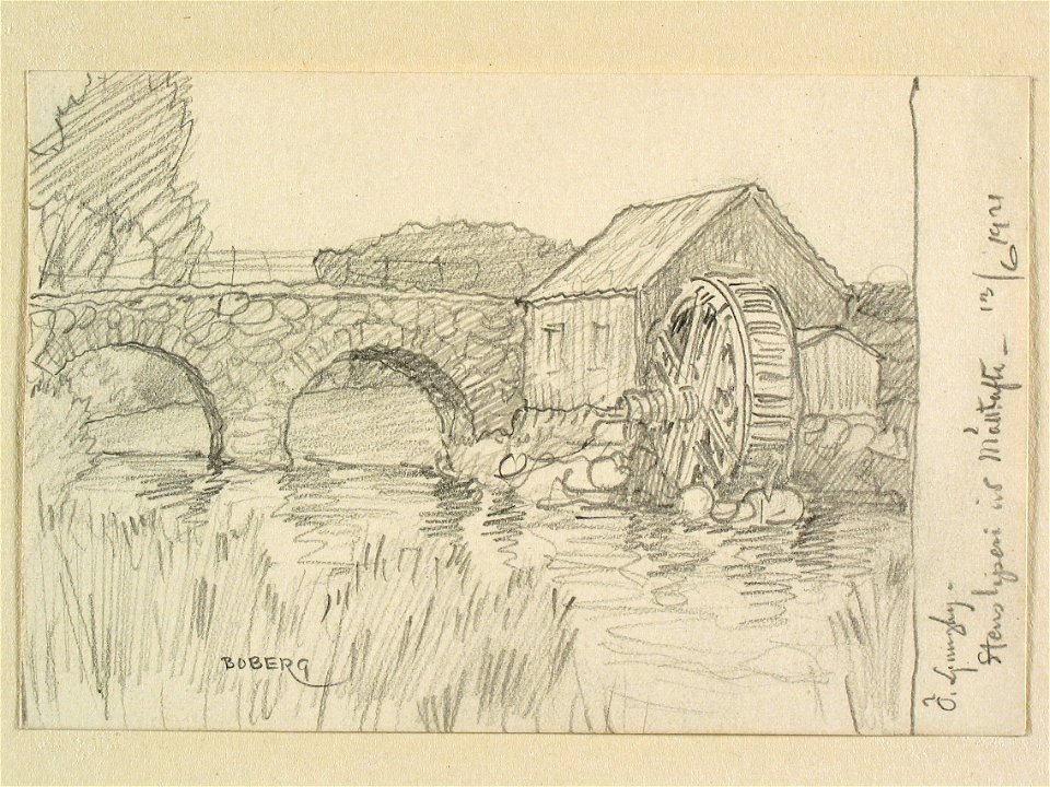 Skåne, Norra Åsbo hd., Östra Ljungby sn. Stensliperi vid Mölletofta. Teckning av Ferdinand Boberg - Nordiska museet - NMA.0088402