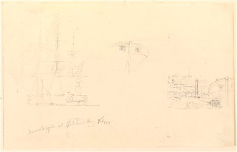 Slight sketch of 'Newcastle' frigate at Spithead May 7th 1814, the stern of a different vessel, and a moored vessel viewed from the stern with buildings beyond RMG PY3795