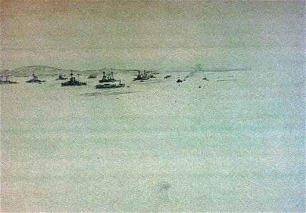 Slight study of a fleet of fighting vessels at anchor, possibly the Battlecruiser Force in the Forth, 1916-17 RMG PV0034