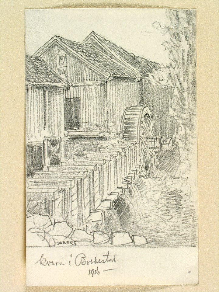Småland, N. Vedbo hd., Bredestads sn. Kvarn i Bredestad. Teckning av Ferdinand Boberg - Nordiska museet - NMA.0088406