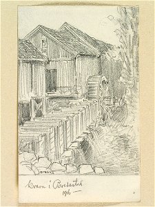 Småland, N. Vedbo hd., Bredestads sn. Kvarn i Bredestad. Teckning av Ferdinand Boberg - Nordiska museet - NMA.0088406