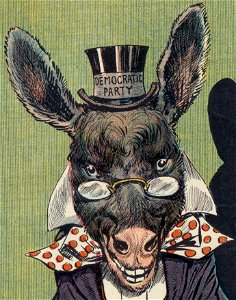 Smiling donkey of the Democratic Party detail, Well, for once they can't blame me - J.S. Pughe. LCCN2011647262 (cropped)