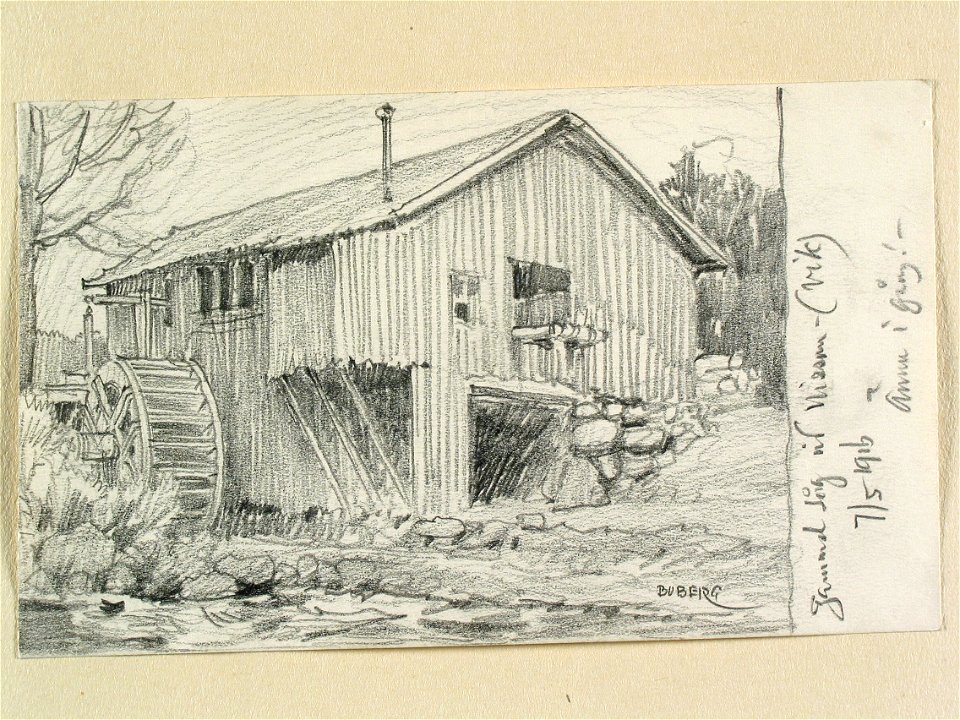 Småland, Mo hd., Hestra sn. Gammal såg vid Nissan (Vik). Teckning av Ferdinand Boberg - Nordiska museet - NMA.0088409