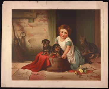 Small girl leaning against an overturned wash tub on which two puppies have been placed; a cat stands in the doorway, alert, behind them LCCN2013650013
