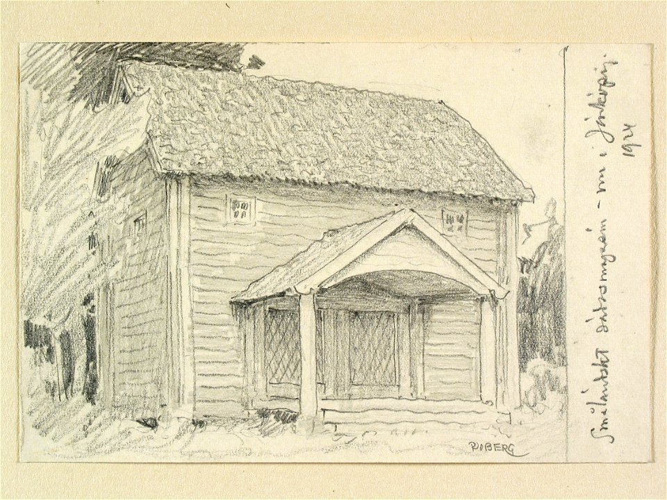 Småländskt sädesmagasin, Jönköpings friluftsmuseum. Teckning av Ferdinand Boberg - Nordiska museet - NMA.0090119