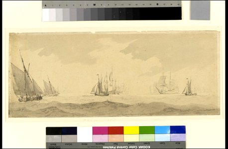 Small vessels in a fresh breeze with a distant fleet, circa 1673, with later additions by Charles Gore RMG PY9650