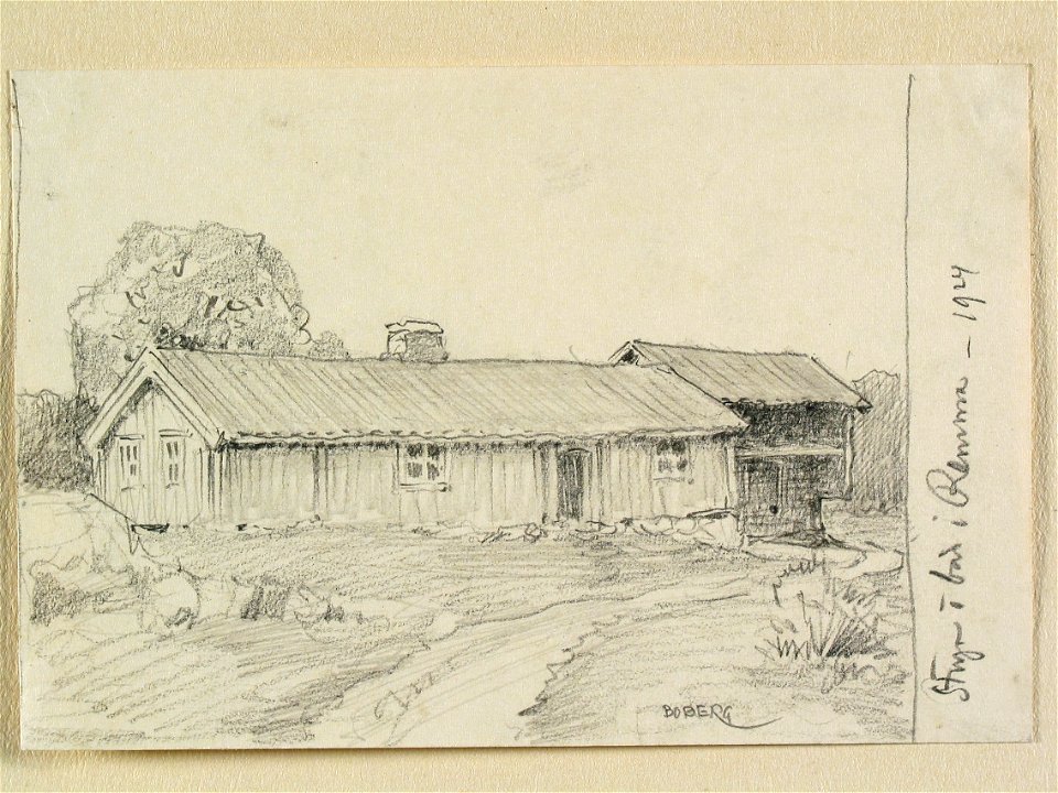 Småland, Västbo hd., Långaryds sn., Remma. Stuga och bod. Teckning av Ferdinand Boberg - Nordiska museet - NMA.0088422