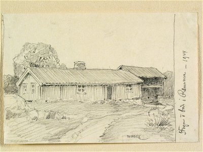 Småland, Västbo hd., Långaryds sn., Remma. Stuga och bod. Teckning av Ferdinand Boberg - Nordiska museet - NMA.0088422