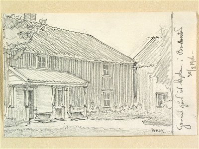 Småland, Vedbo hd., Bredestads sn. Gammal gård vid kyrkan i Bredestad. Teckning av Ferdinand Boberg - Nordiska museet - NMA.0088405