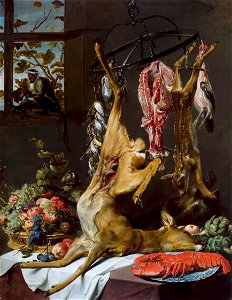 Still life with game suspended on hooks, by Frans Snyders. Free illustration for personal and commercial use.